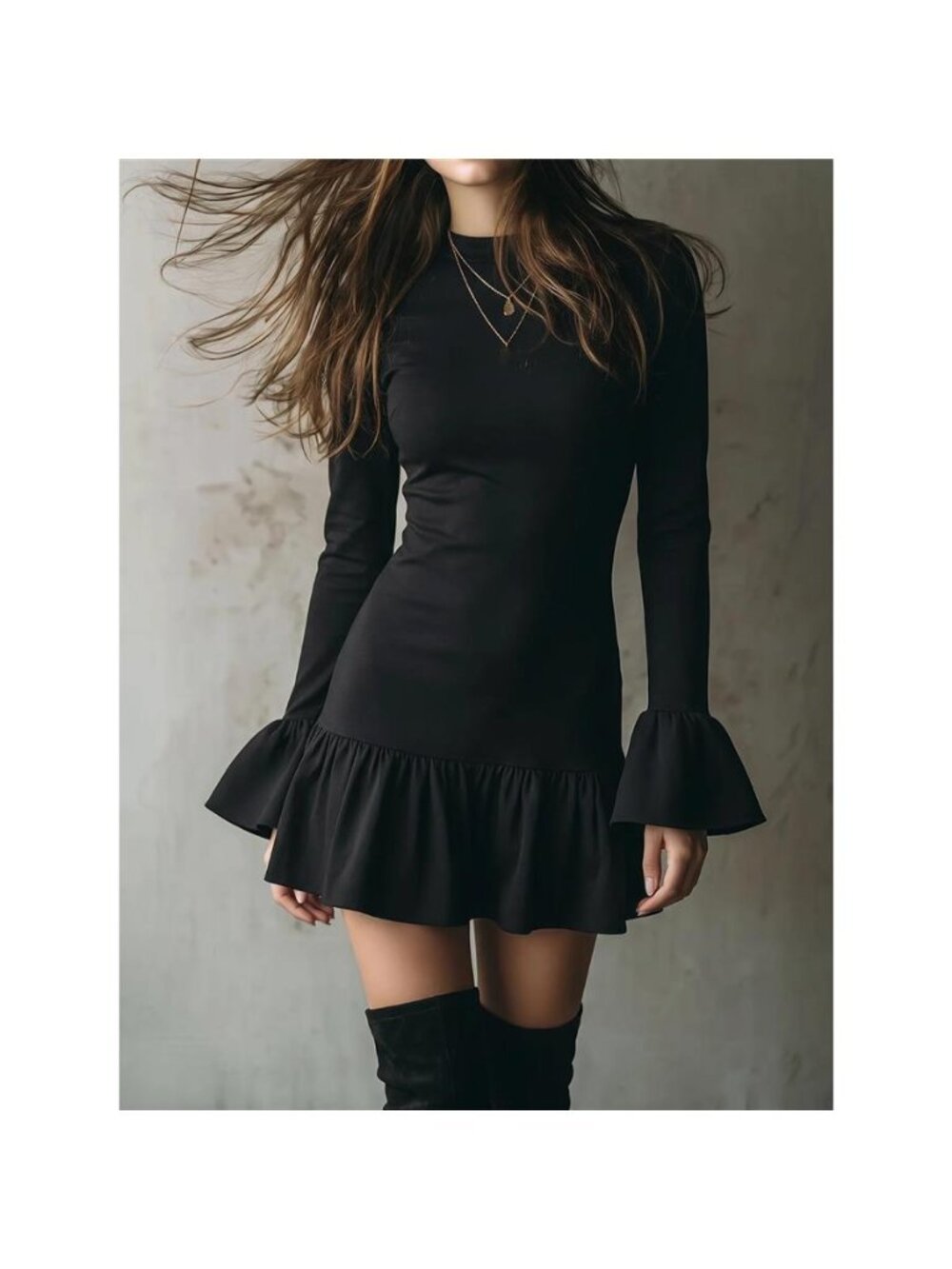 Long-Sleeve Ruffle Hem Mini Dress